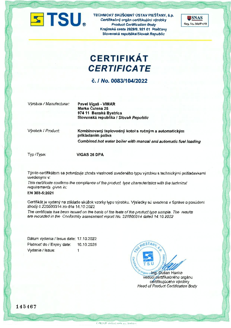 Certifikát EN 303-5 26DPA 