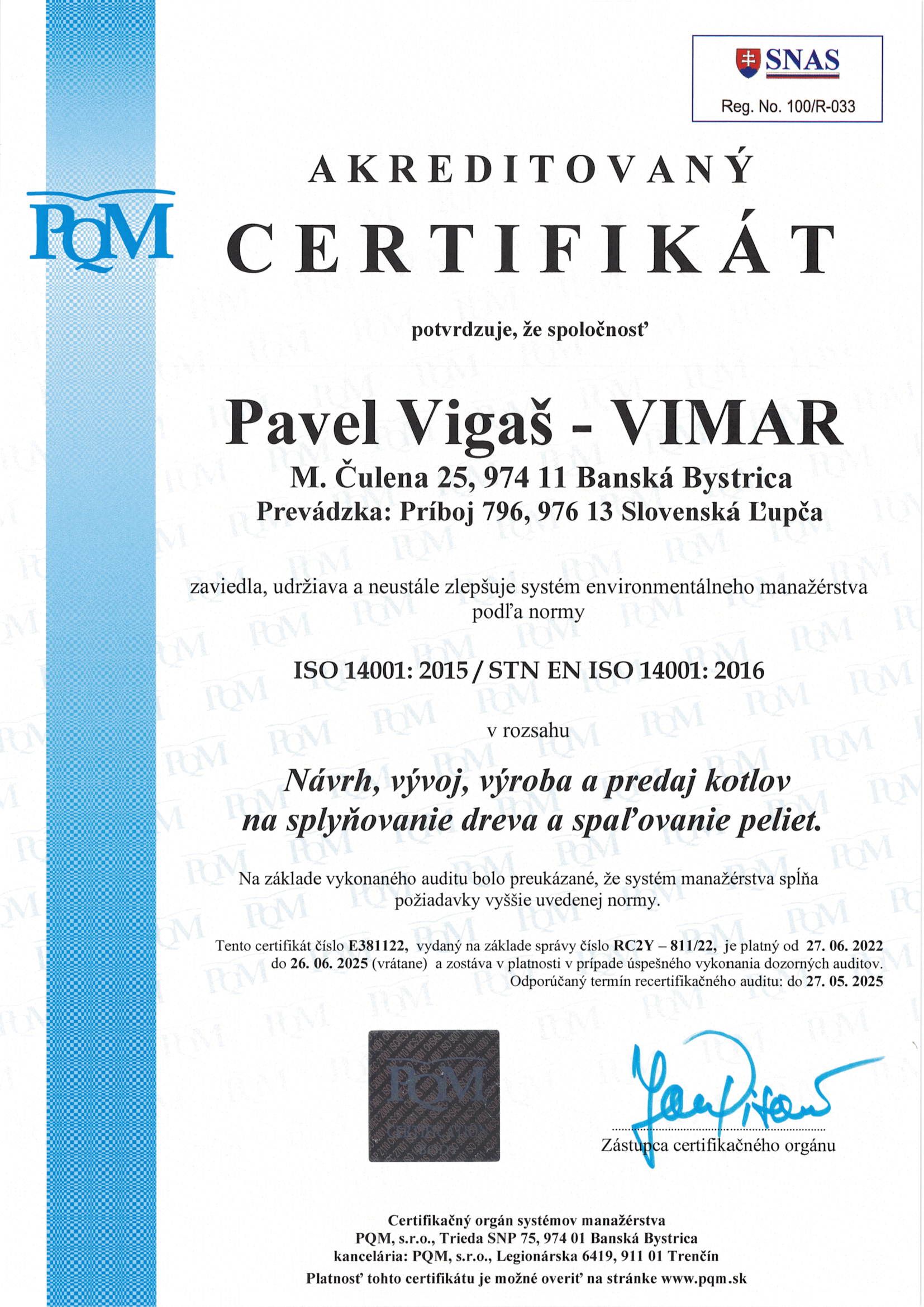 Certifikát STN EN ISO 14001:2016
