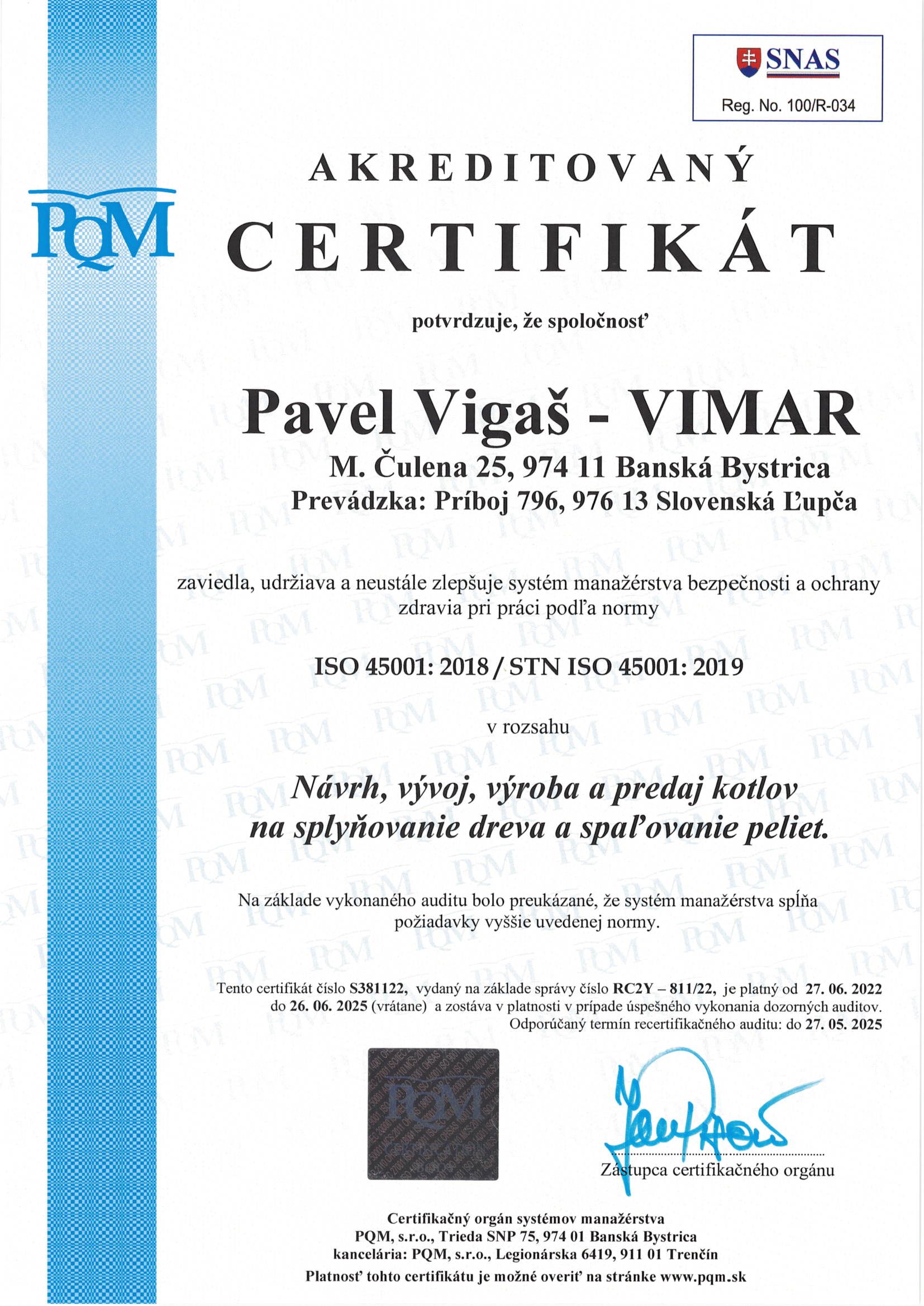 Certifikát STN ISO 45001:2019
